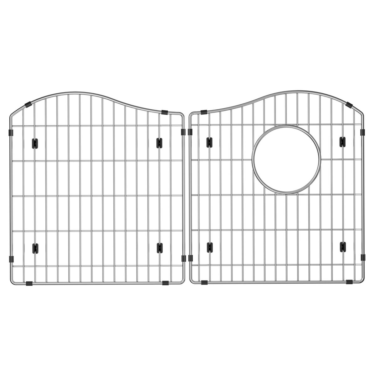 Stainless steel sink bottom grid with vertical wire pattern and circular drain hole on right panel.
