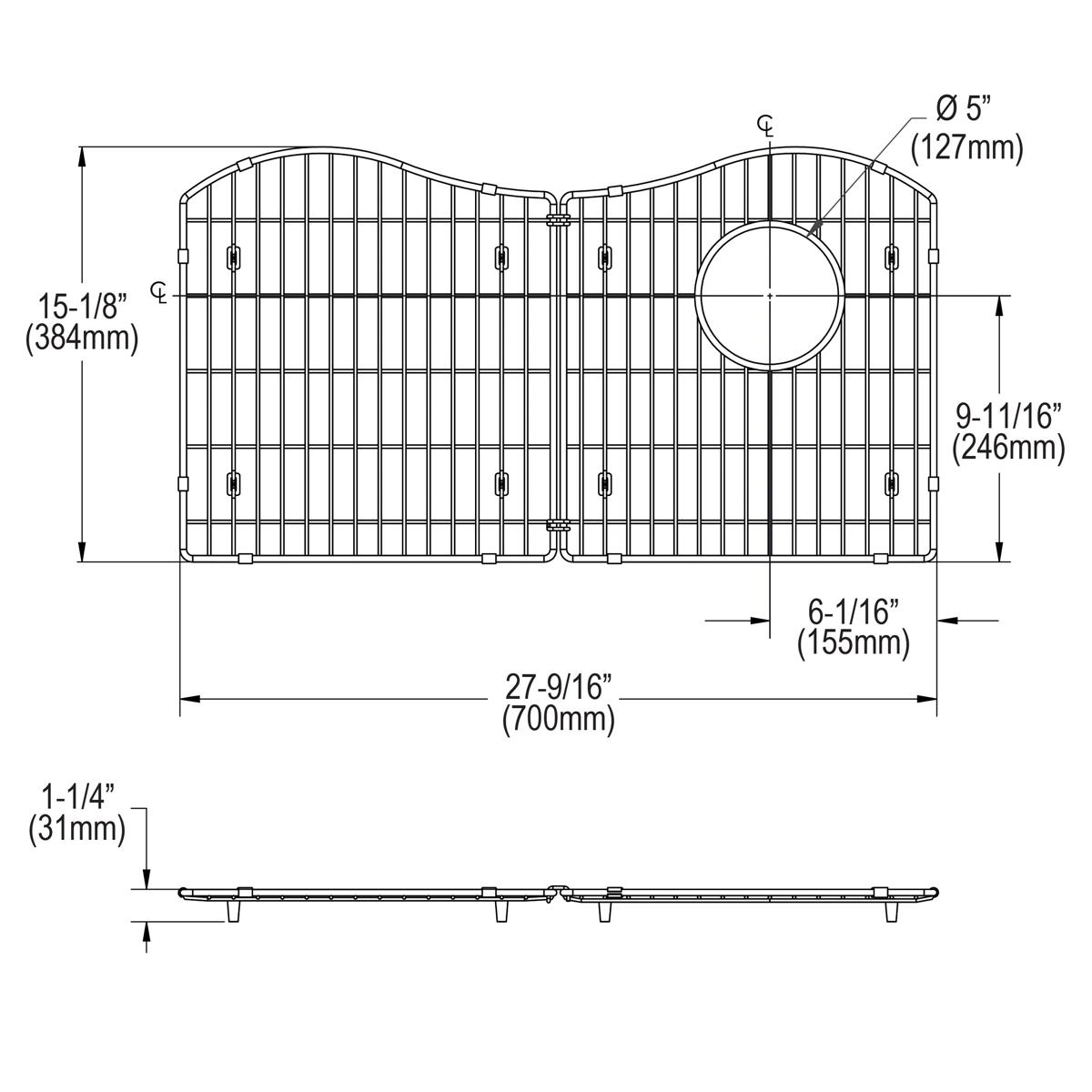 Stainless steel sink grid with vertical bars and circular drain hole, top and side view with dimensions labeled.