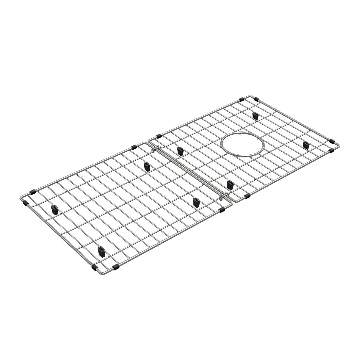 Stainless steel sink grid with rectangular wire pattern and circular drain opening, featuring black rubber feet.