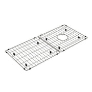 Stainless steel sink grid with rectangular wire pattern and circular drain opening, featuring black rubber feet.