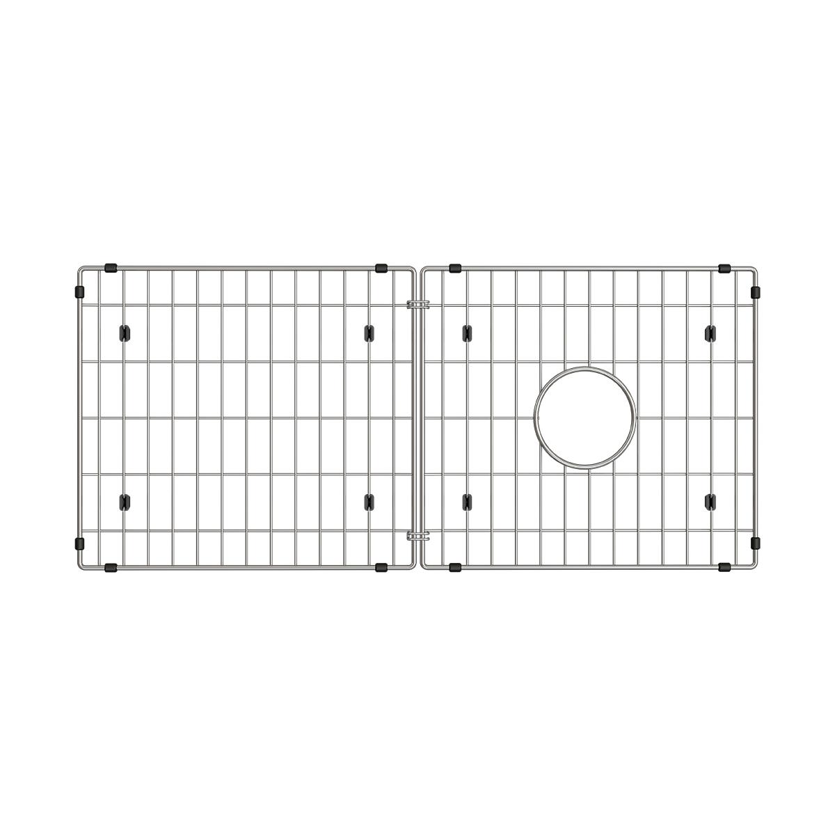 Stainless steel sink bottom grid with two sections, vertical wires, black rubber feet, and circular drain hole on right side.