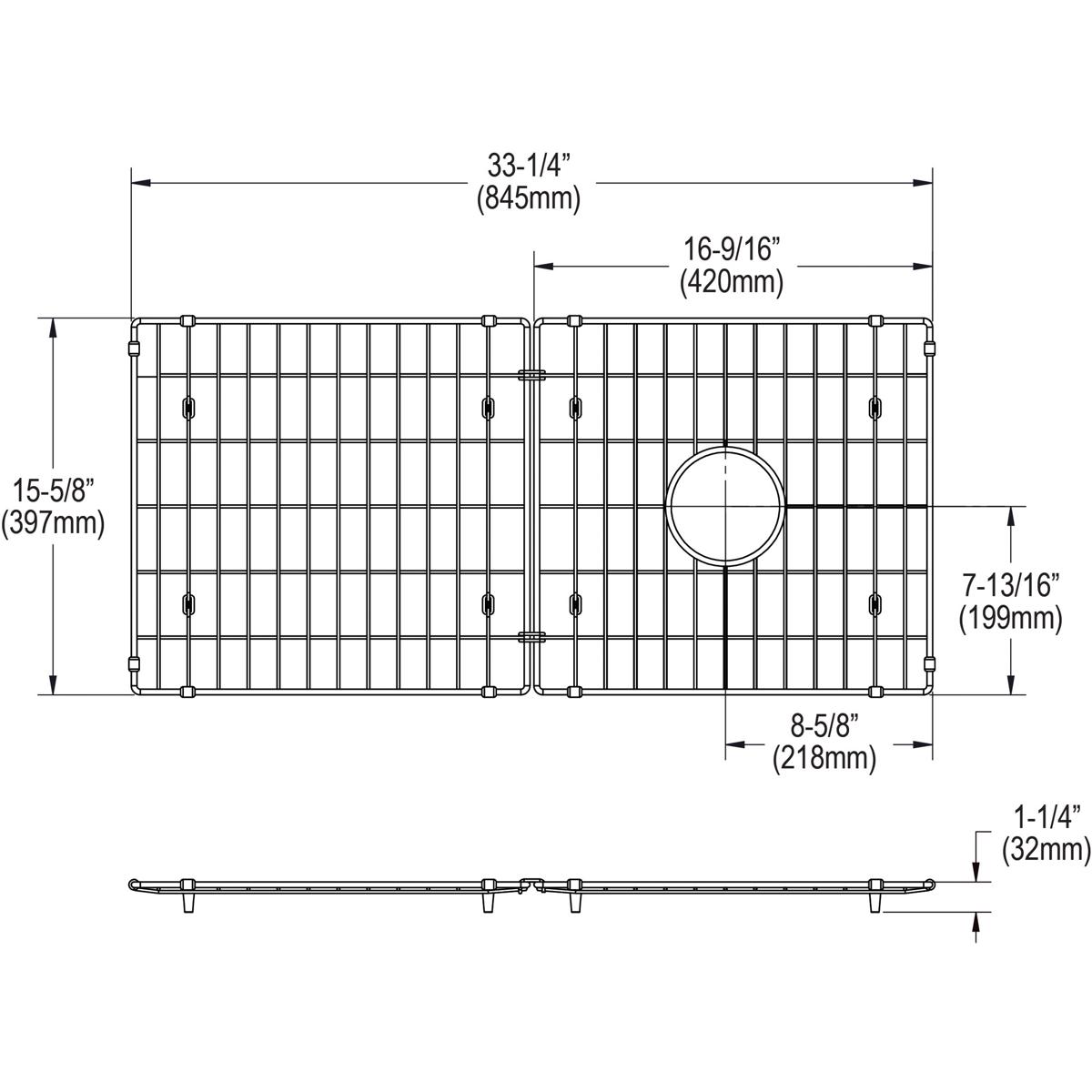 Stainless steel sink grid with parallel bars, mounting feet, and circular drain opening, shown in top and side views with dim