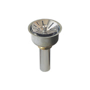 Stainless steel drain fitting with perforated strainer basket and brass collar, cylindrical body below.