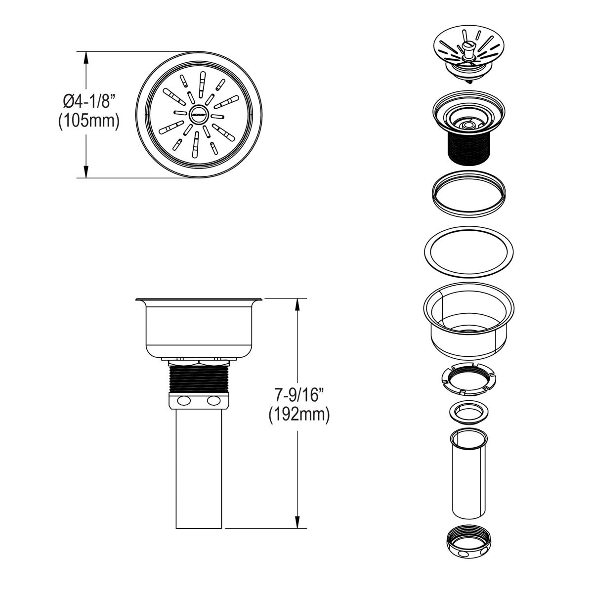 Stainless steel drain fitting with 4-1/8" diameter strainer basket and disassembled components shown with dimensions.