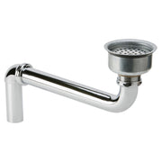 Chrome-plated brass sink strainer with perforated basket and curved tailpiece assembly.