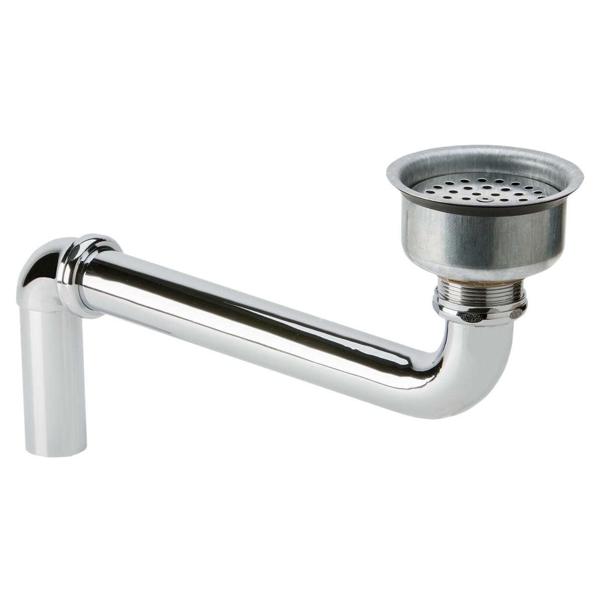 Chrome-plated brass sink strainer with perforated basket and curved tailpiece assembly.