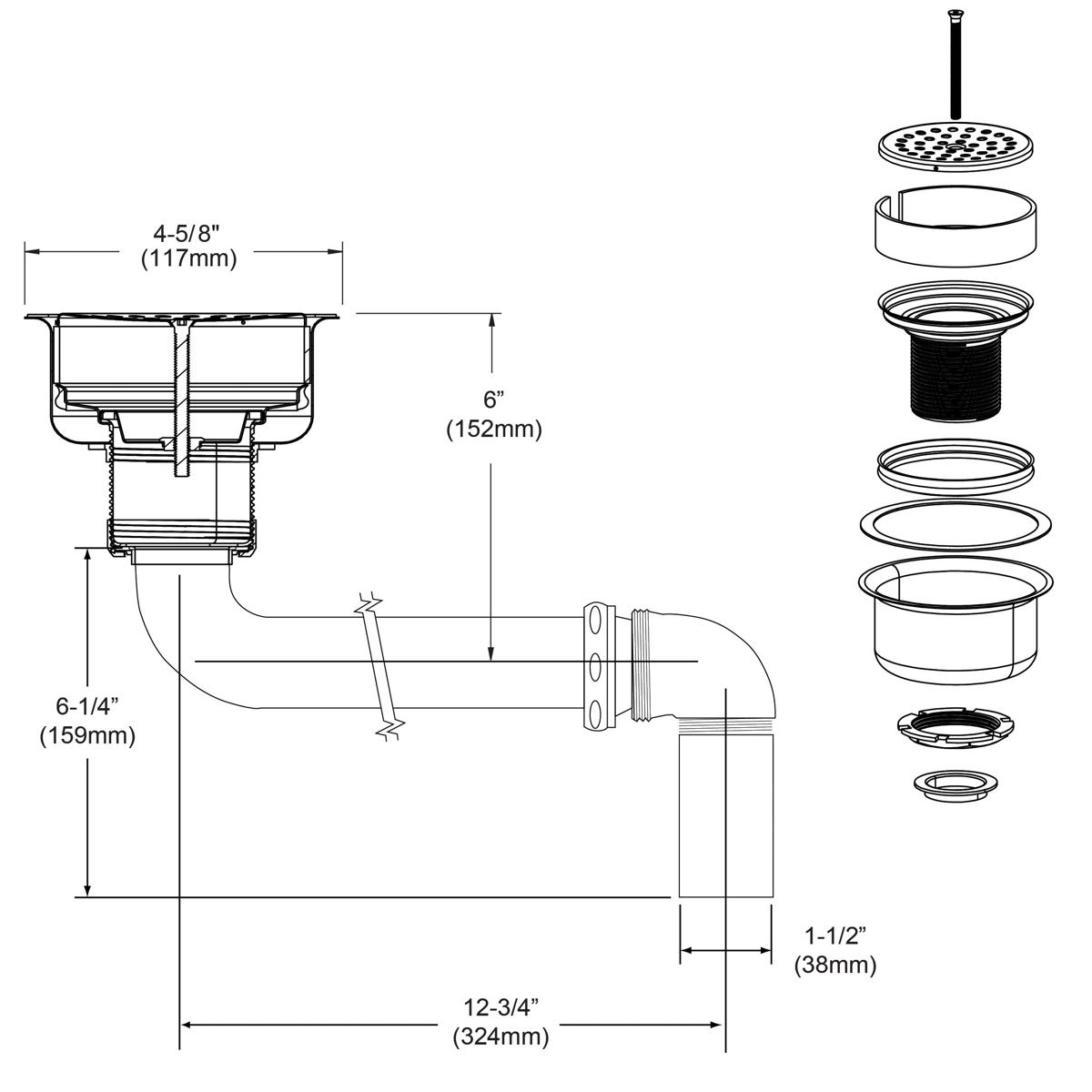 Chrome-plated brass sink strainer assembly with perforated basket, rubber gasket, tailpiece, and component parts shown with d