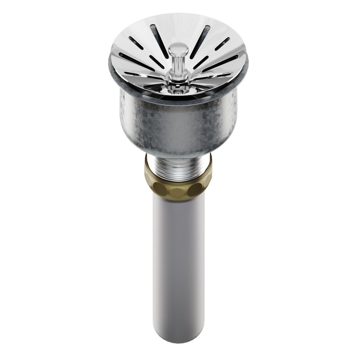 Stainless steel drain fitting with chrome strainer basket and threaded connection for sink installation.