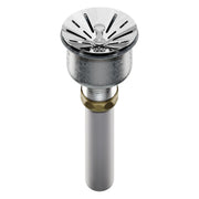 Stainless steel drain fitting with chrome strainer basket and threaded connection for sink installation.