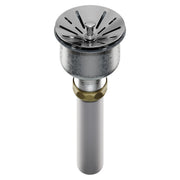 Stainless steel drain fitting with perforated strainer basket and threaded connector body.