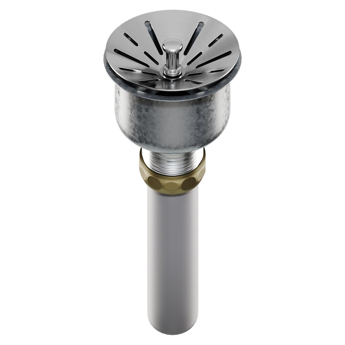 Stainless steel drain fitting with perforated strainer basket and threaded connector body.