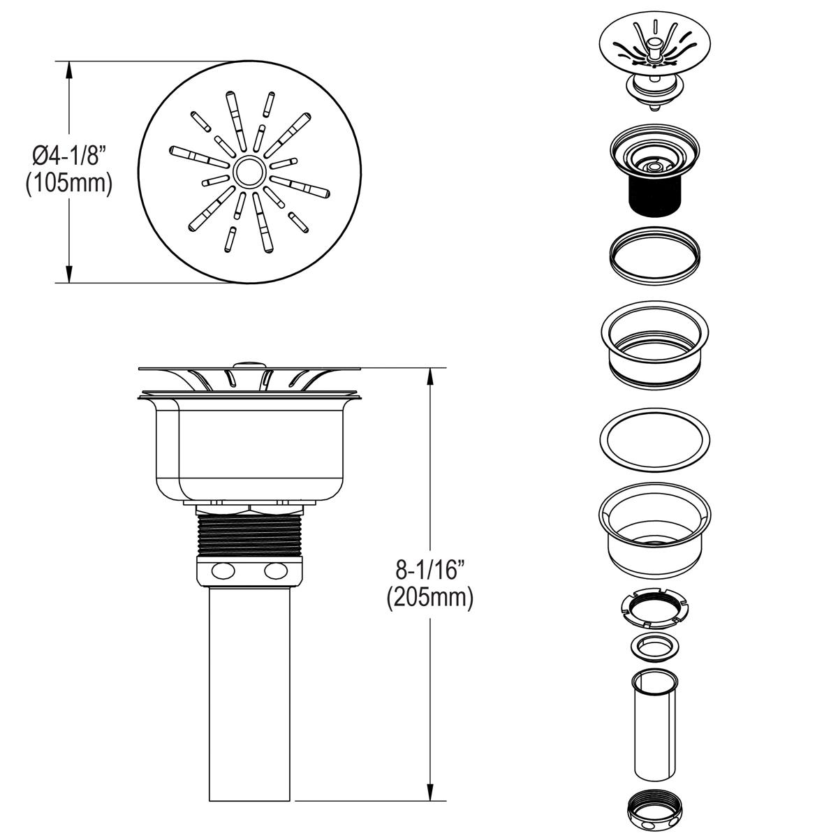 Stainless steel drain fitting with chrome strainer basket, 4-1/8" diameter top opening and 8-1/16" height, shown with compone