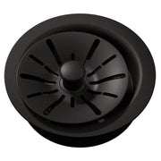 Black polymer sink drain flange with removable basket strainer and center post, 3-1/2" diameter.