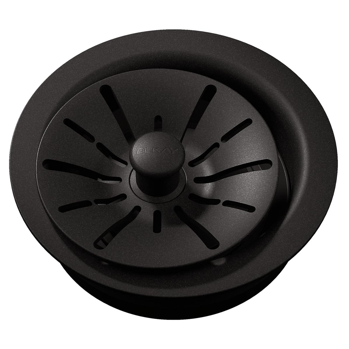 Black polymer sink drain flange with removable basket strainer and center post, 3-1/2" diameter.