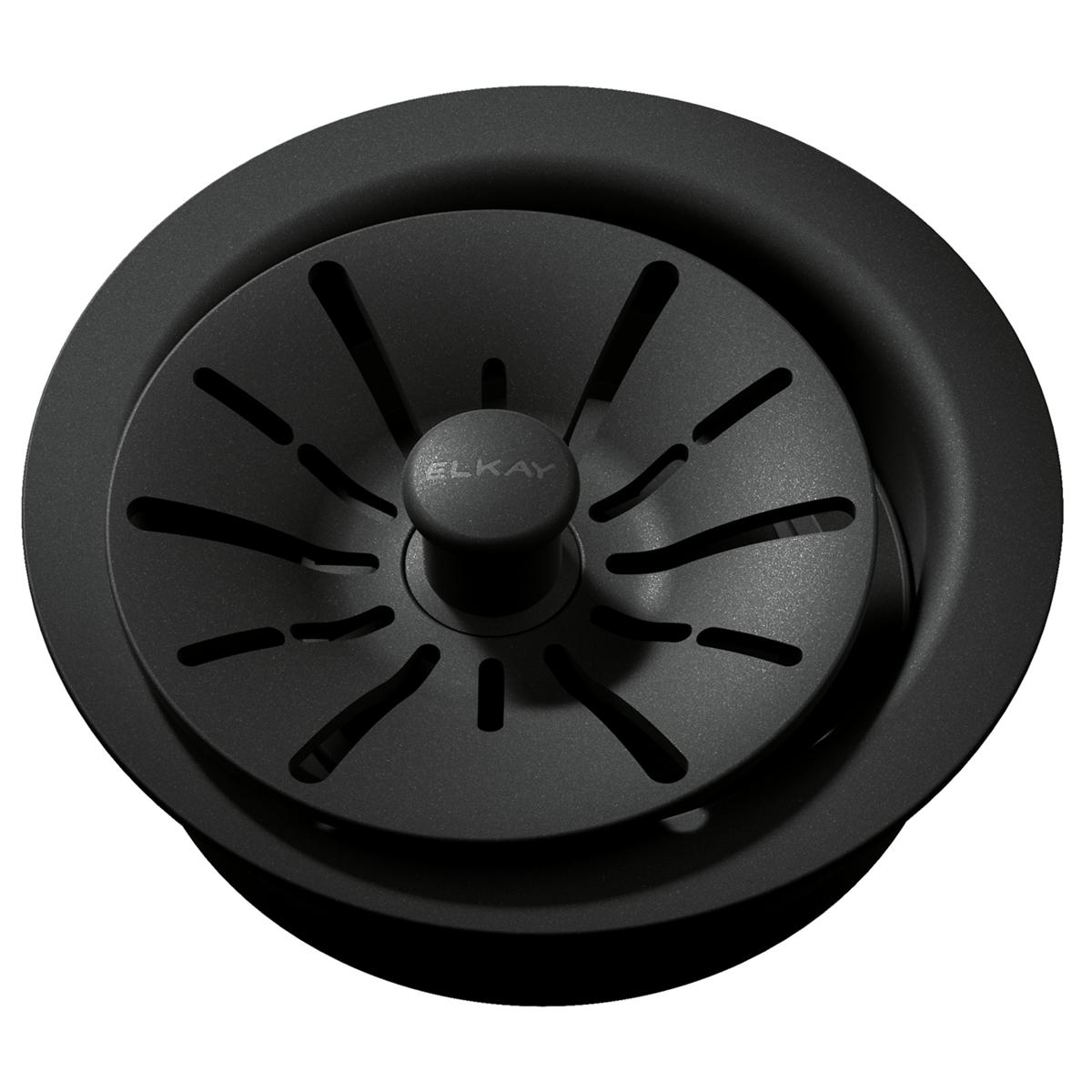 Dark gray polymer sink drain flange with removable basket strainer and central knob, viewed from above.