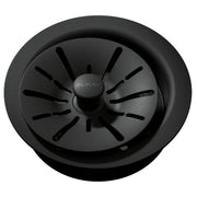Dark gray polymer sink drain flange with removable basket strainer and central knob, viewed from above.