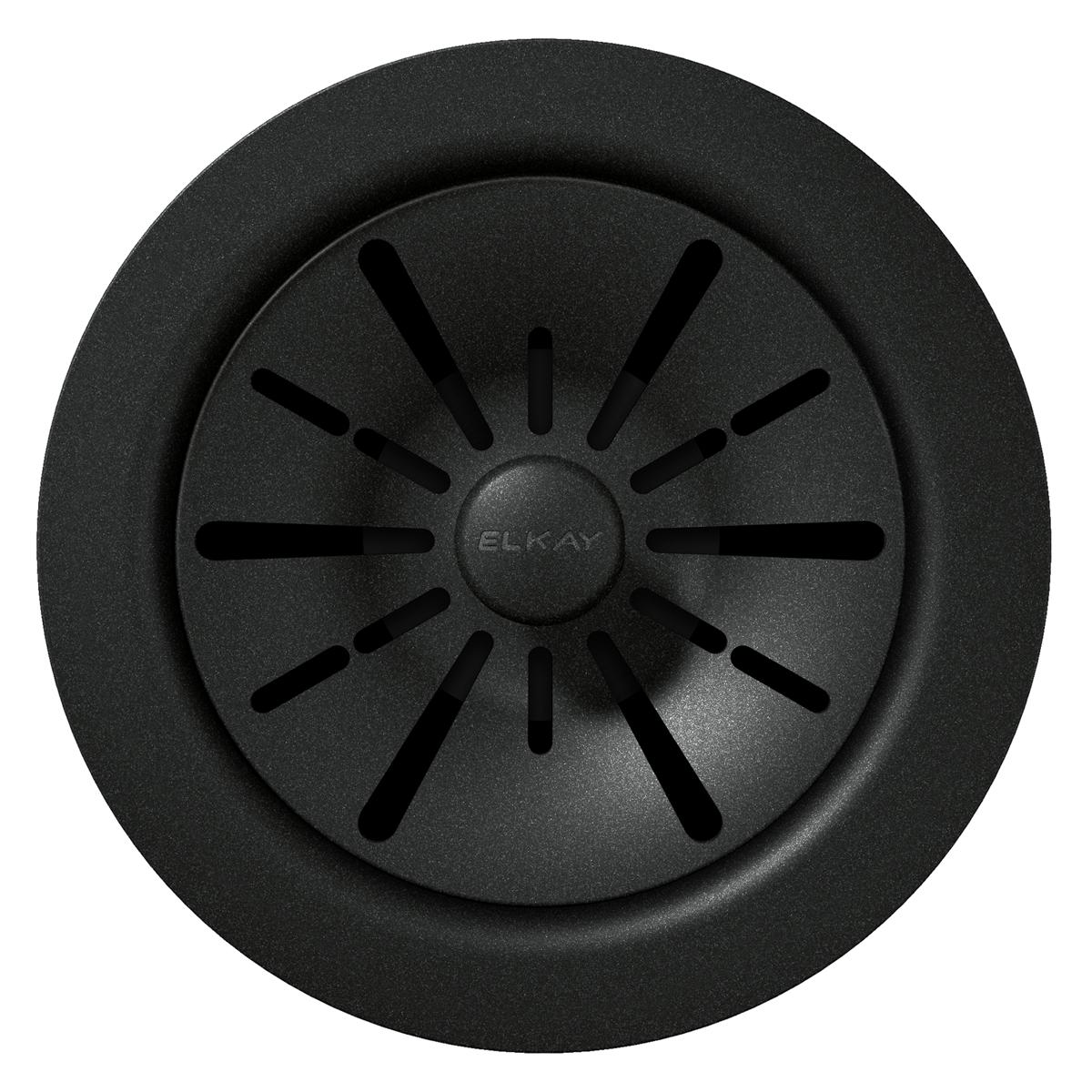 Charcoal polymer disposer flange with radial slot pattern and center hub, viewed from above.
