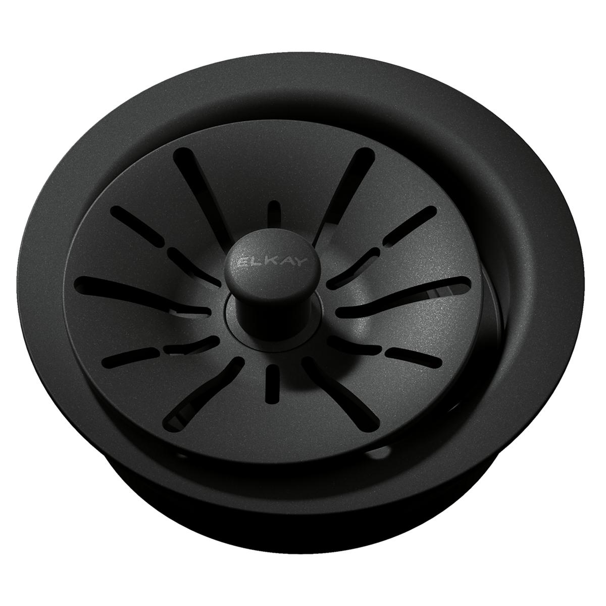 Charcoal polymer sink drain flange with removable basket strainer and center dome insert.