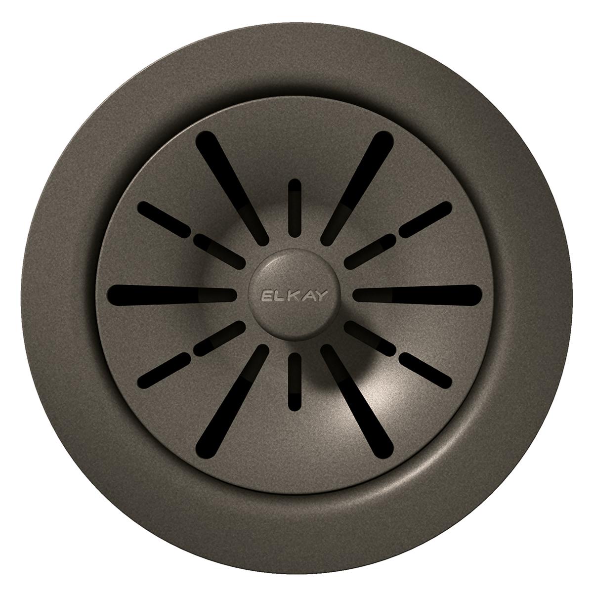 Chestnut-colored polymer disposer flange with radial slots and removable basket strainer basket, shown from above.