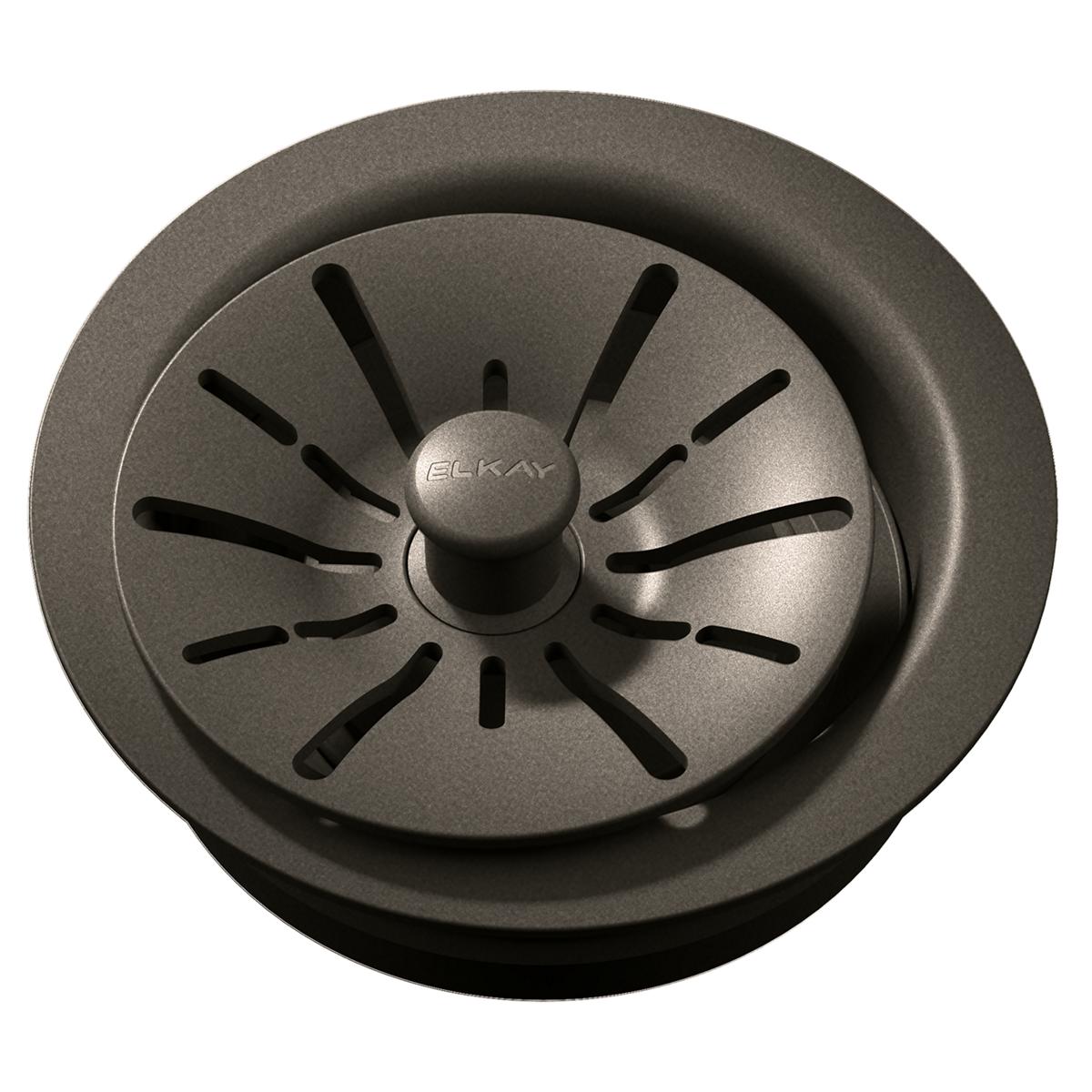 Chestnut polymer sink drain flange with removable basket strainer and central knob, featuring radiating slot pattern.