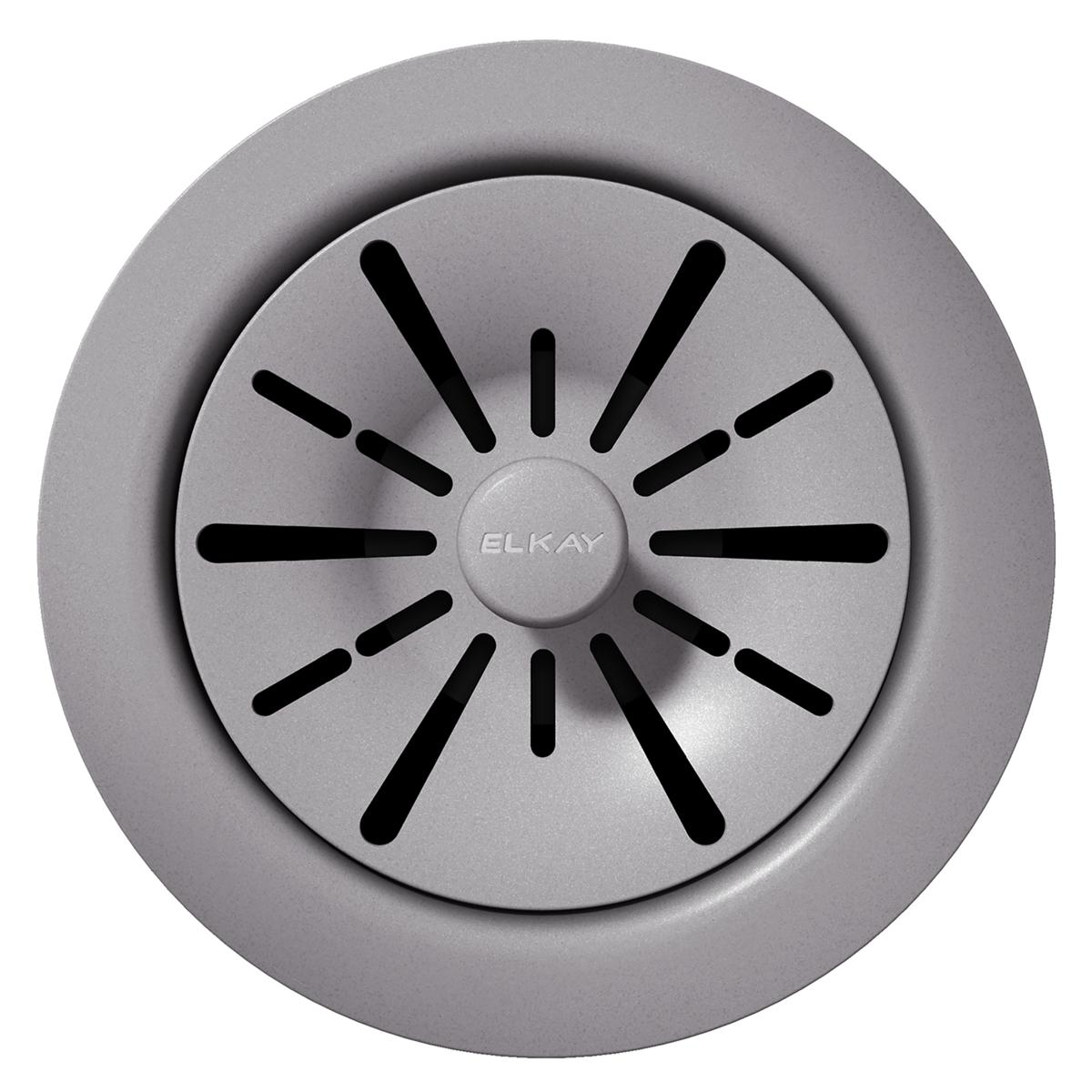 Greystone polymer sink drain flange with black slots and Elkay branding on center insert.