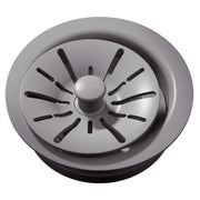 Greystone polymer sink drain flange with removable basket strainer and central rubber stopper, viewed from above.