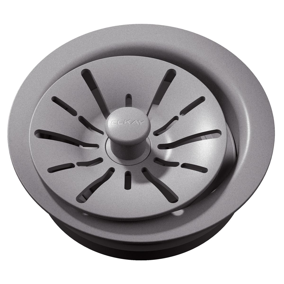Greystone polymer sink drain flange with removable basket strainer and central rubber stopper, viewed from above.