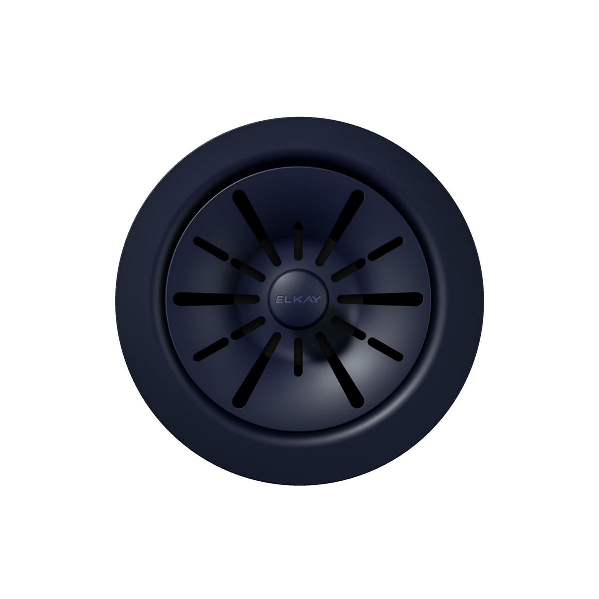 Dark navy polymer sink drain flange with radial slot pattern and center hub labeled Elkay.