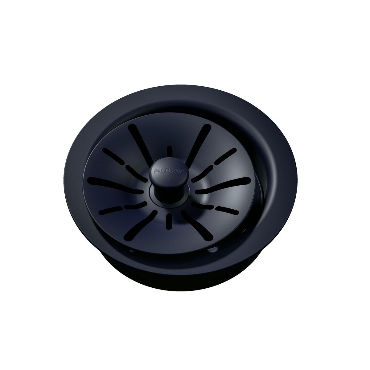 Dark polymer sink drain flange with removable basket strainer and center post, viewed from above.