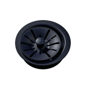 Dark polymer sink drain flange with removable basket strainer and center post, viewed from above.