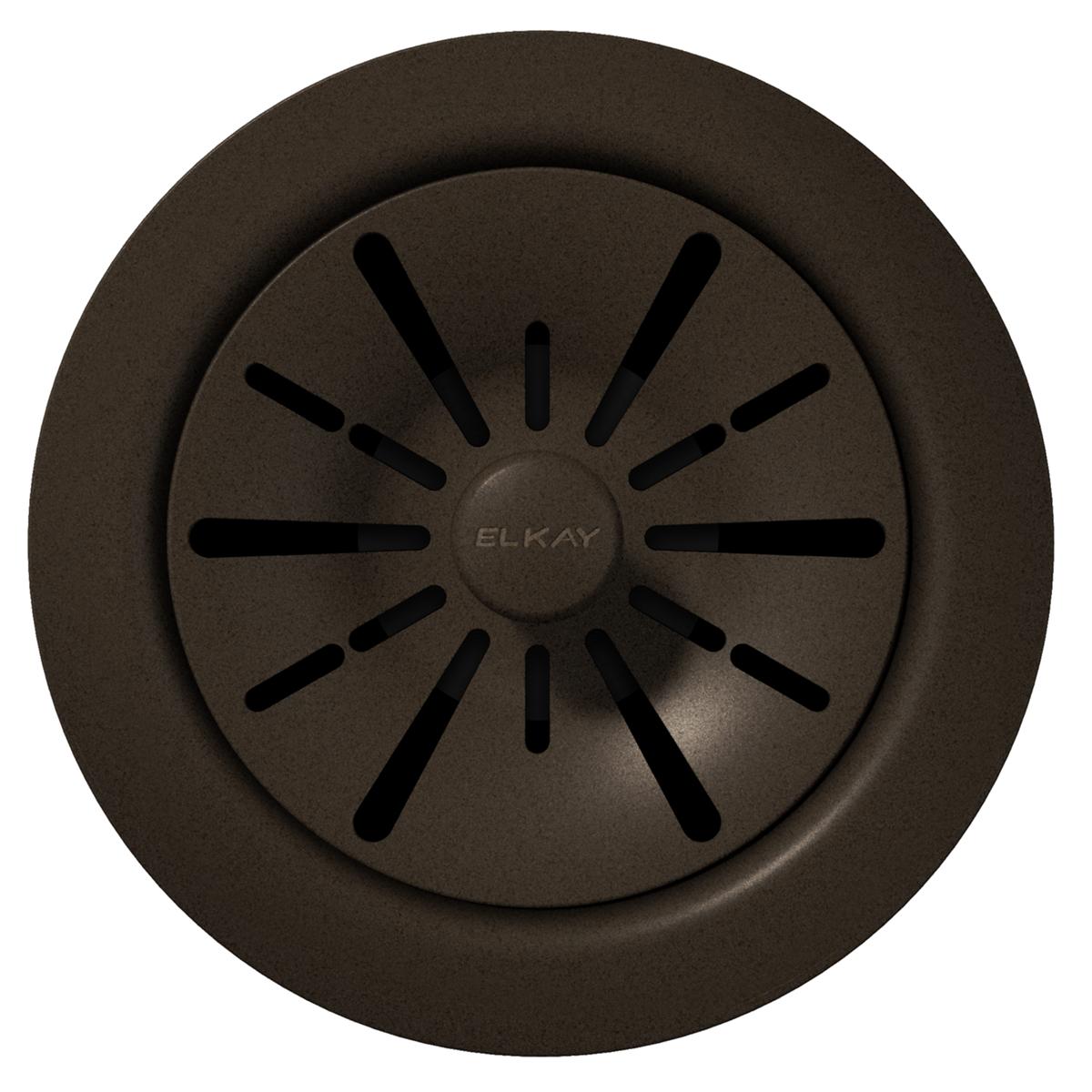 Mocha polymer sink drain flange with radial slots and center circle, marked with Elkay branding.