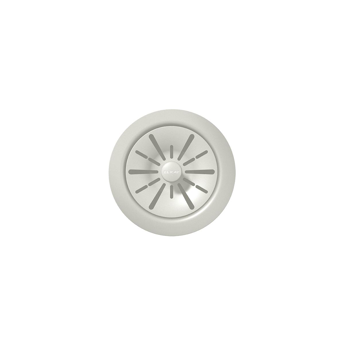 Parchment polymer sink drain flange with radial slot pattern and Elkay branding.