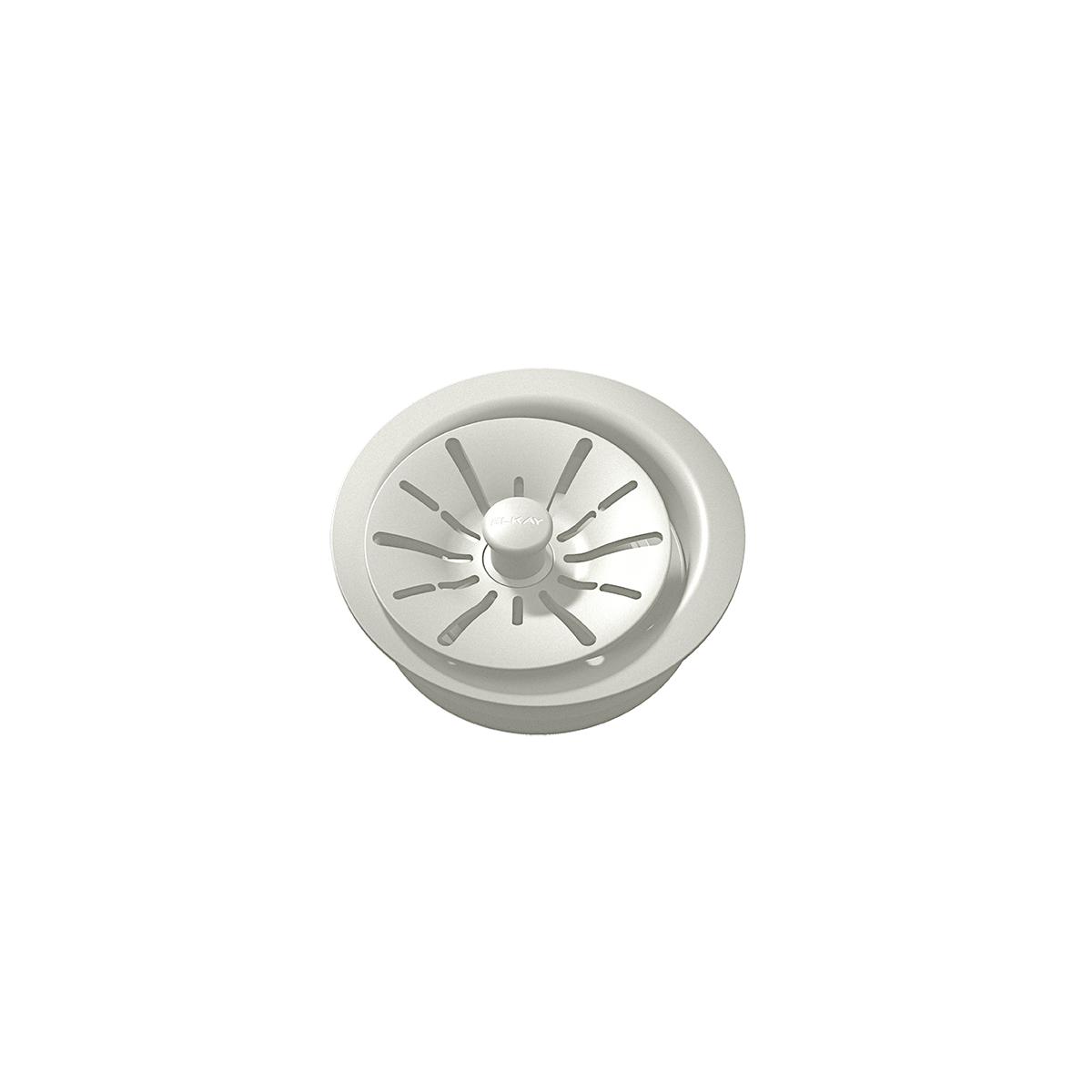 Parchment polymer disposer flange with removable basket strainer and central rubber stopper, top view.