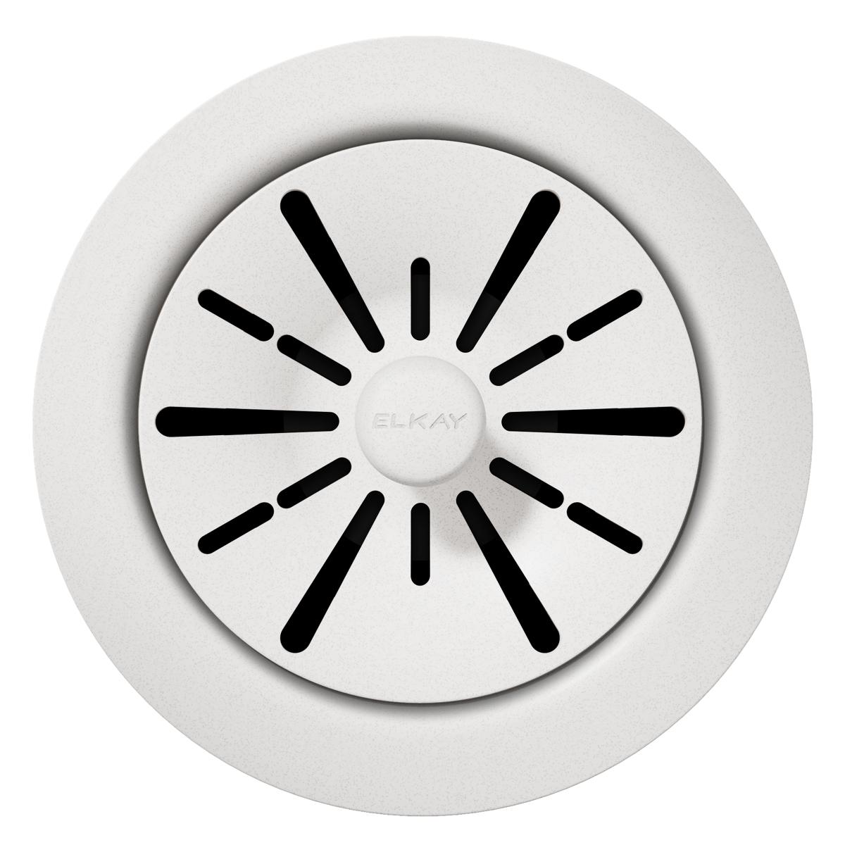 Elkay polymer disposer flange with radial slot pattern and center Elkay logo on light gray circular base.