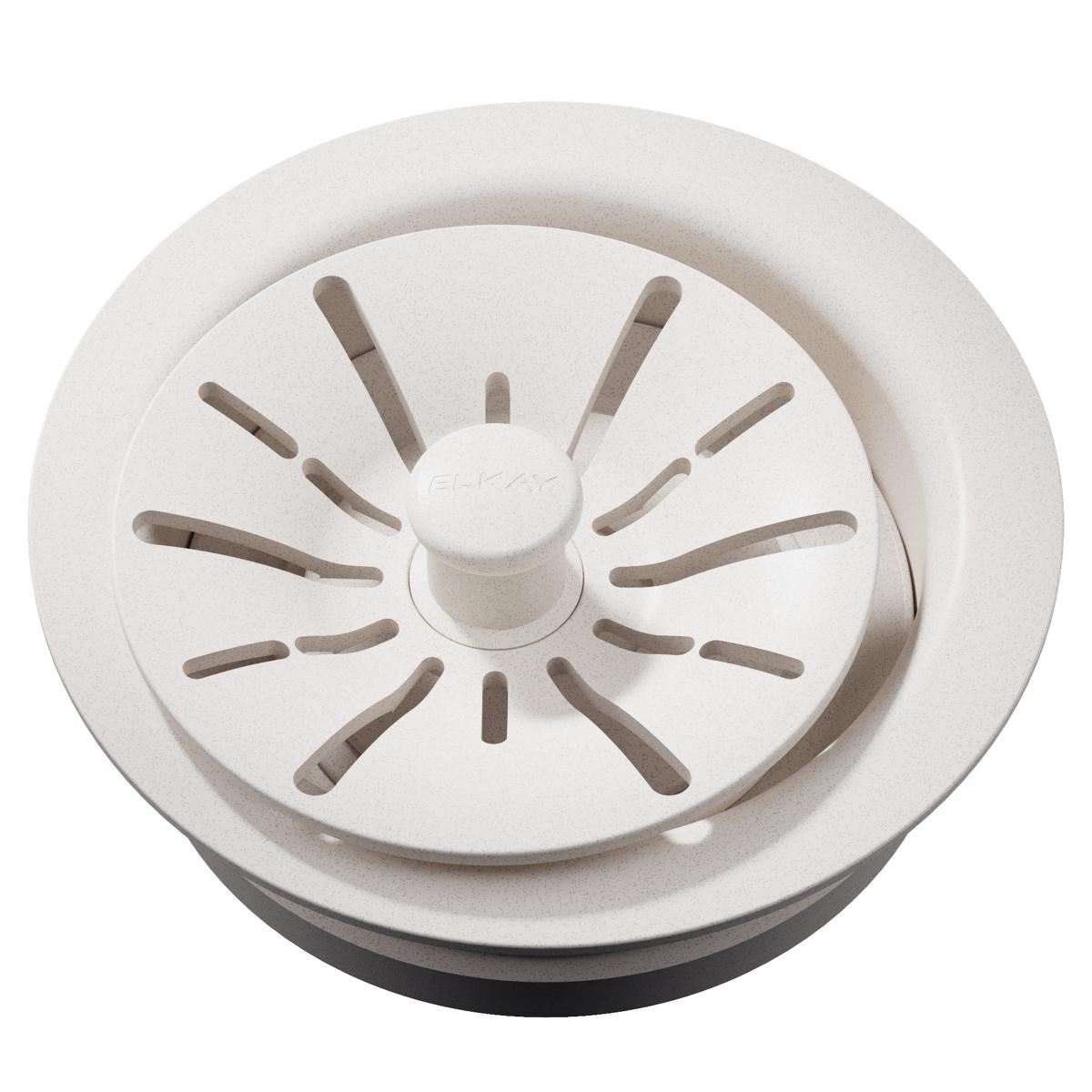 Ricotta-colored polymer sink drain flange with removable basket strainer and rubber stopper featuring radial slot design.