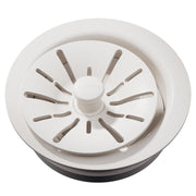 Ricotta-colored polymer sink drain flange with removable basket strainer and rubber stopper featuring radial slot design.