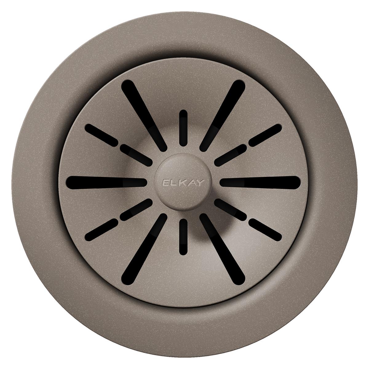 Silvermist polymer sink drain flange with removable basket strainer and radiating slot pattern design.