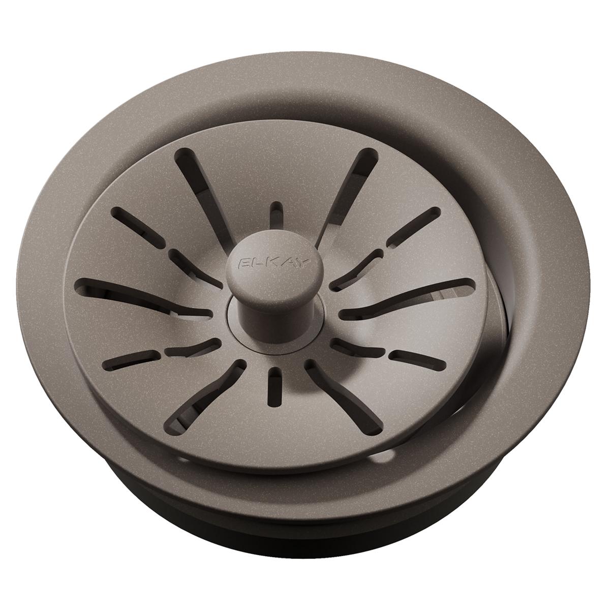 Silvermist polymer sink drain flange with removable basket strainer and radial slot pattern.