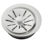 White polymer sink drain flange with removable basket strainer and gray rubber stopper insert.
