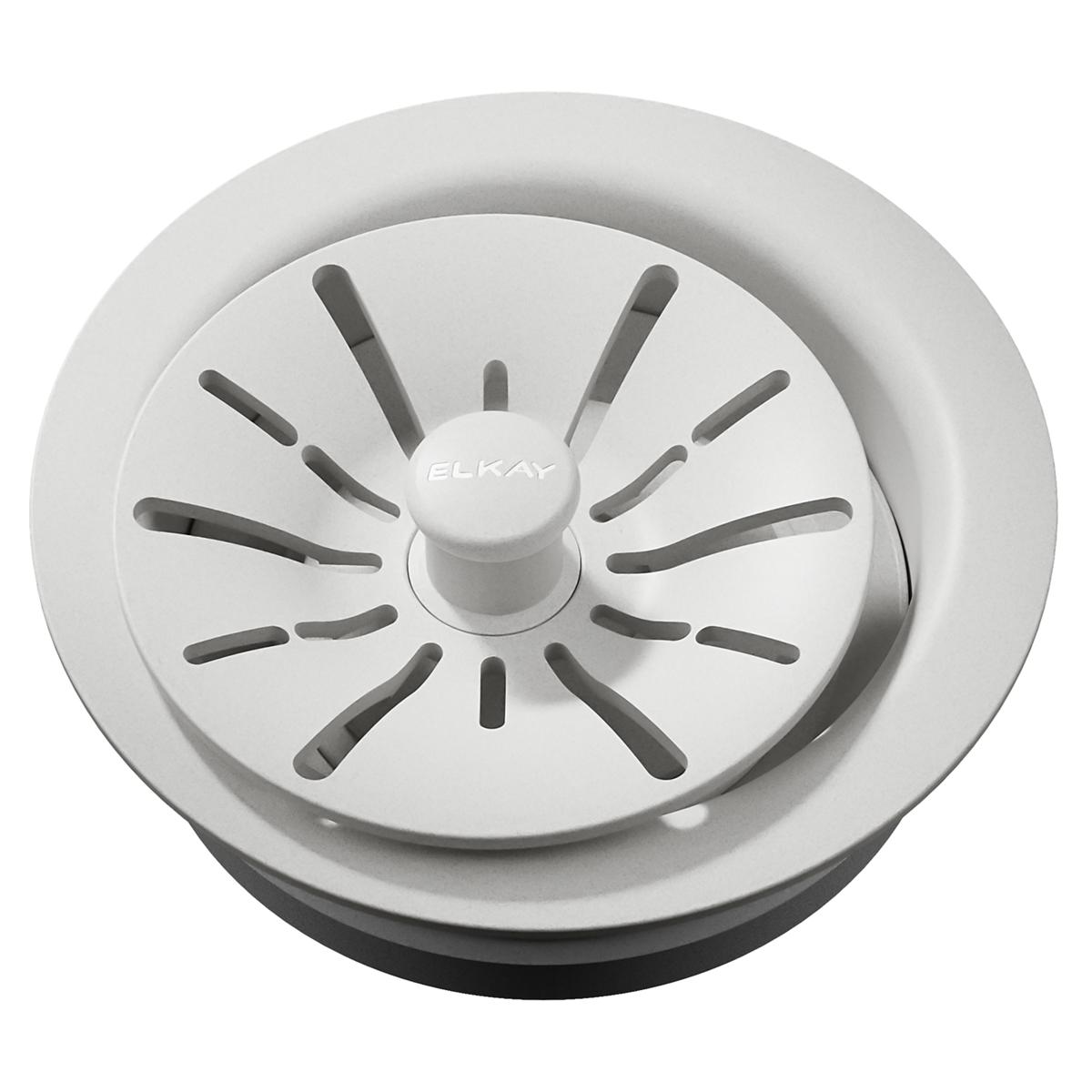 White polymer sink drain flange with removable basket strainer and gray rubber stopper insert.