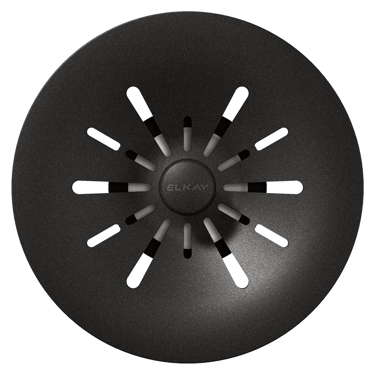 Black polymer basket strainer with radiating slots and center knob, 3-1/2 inch diameter.