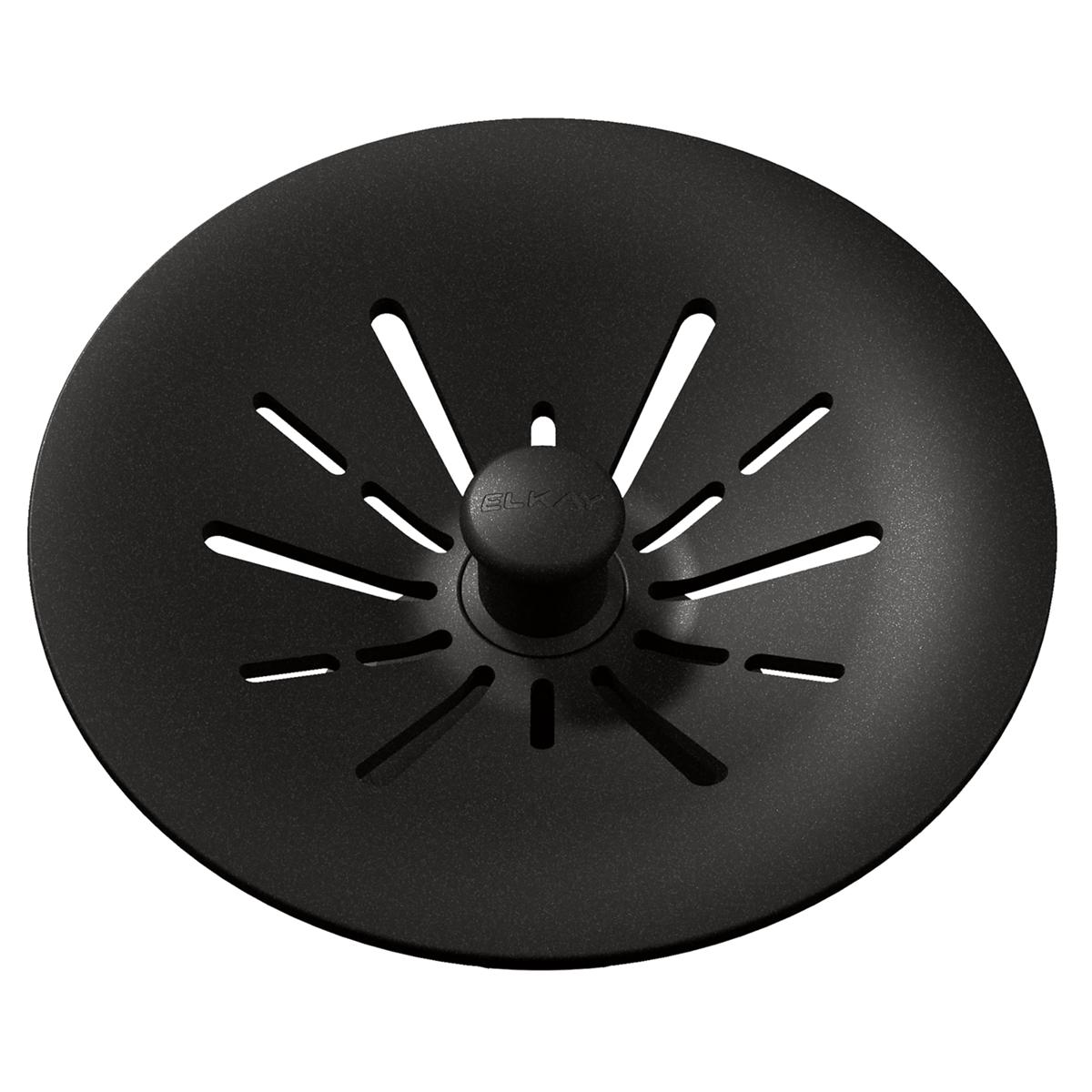 Black polymer basket strainer with center knob and radial slot openings for sink drain.