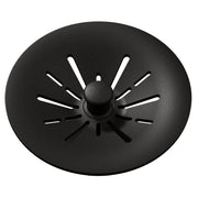 Black polymer basket strainer with center knob and radial slot openings for sink drain.