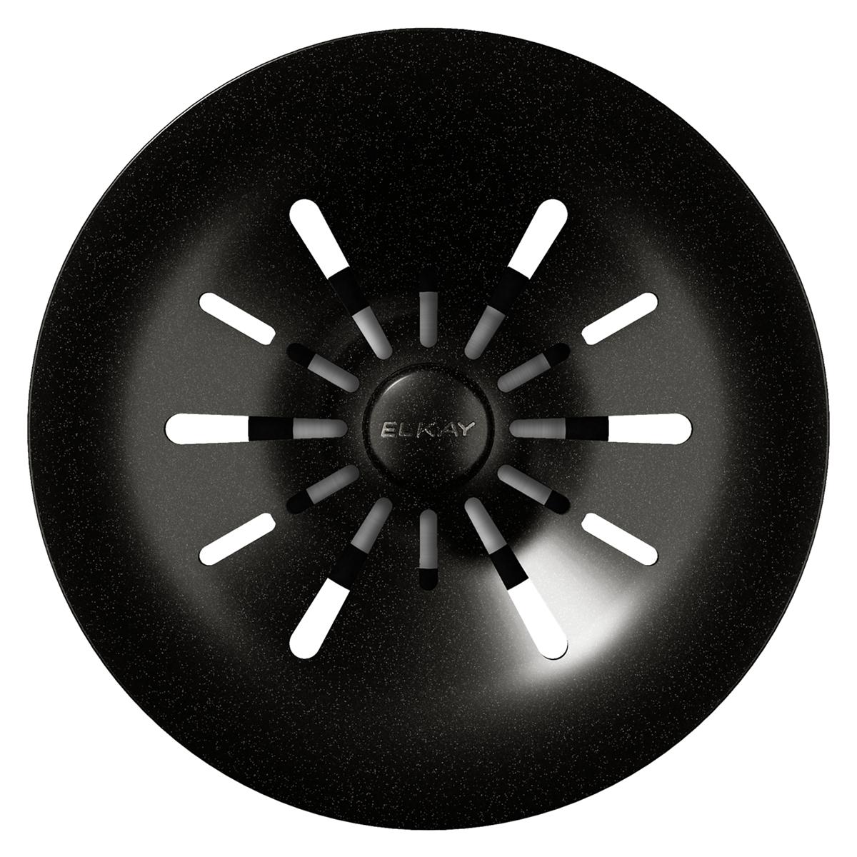 Black quartz polymer basket strainer with white and gray slots radiating from center Elkay logo.