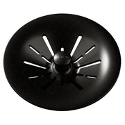 Black polymer basket strainer with central dome featuring slot openings and Elkay branding, viewed from above.