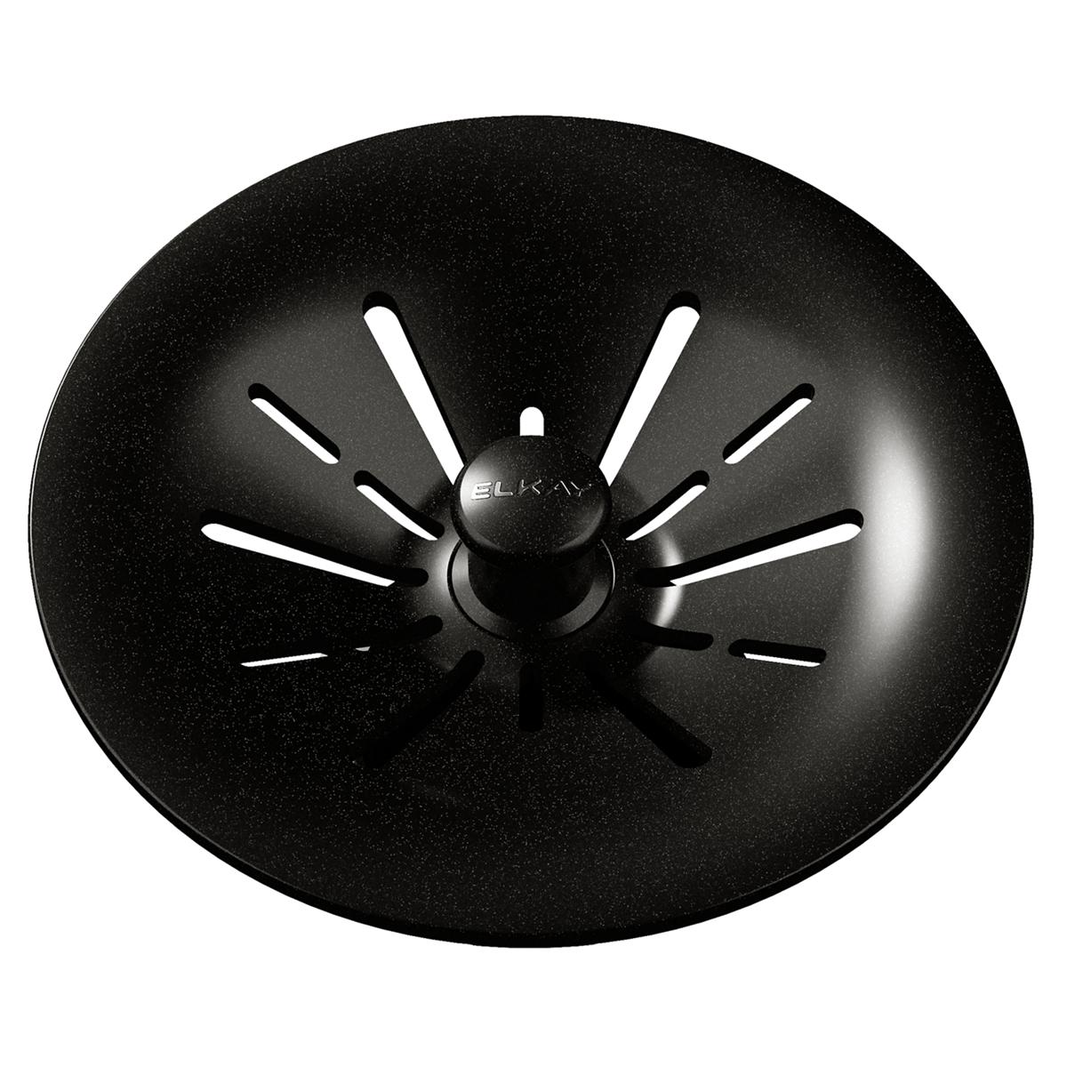 Black polymer basket strainer with central dome featuring slot openings and Elkay branding, viewed from above.