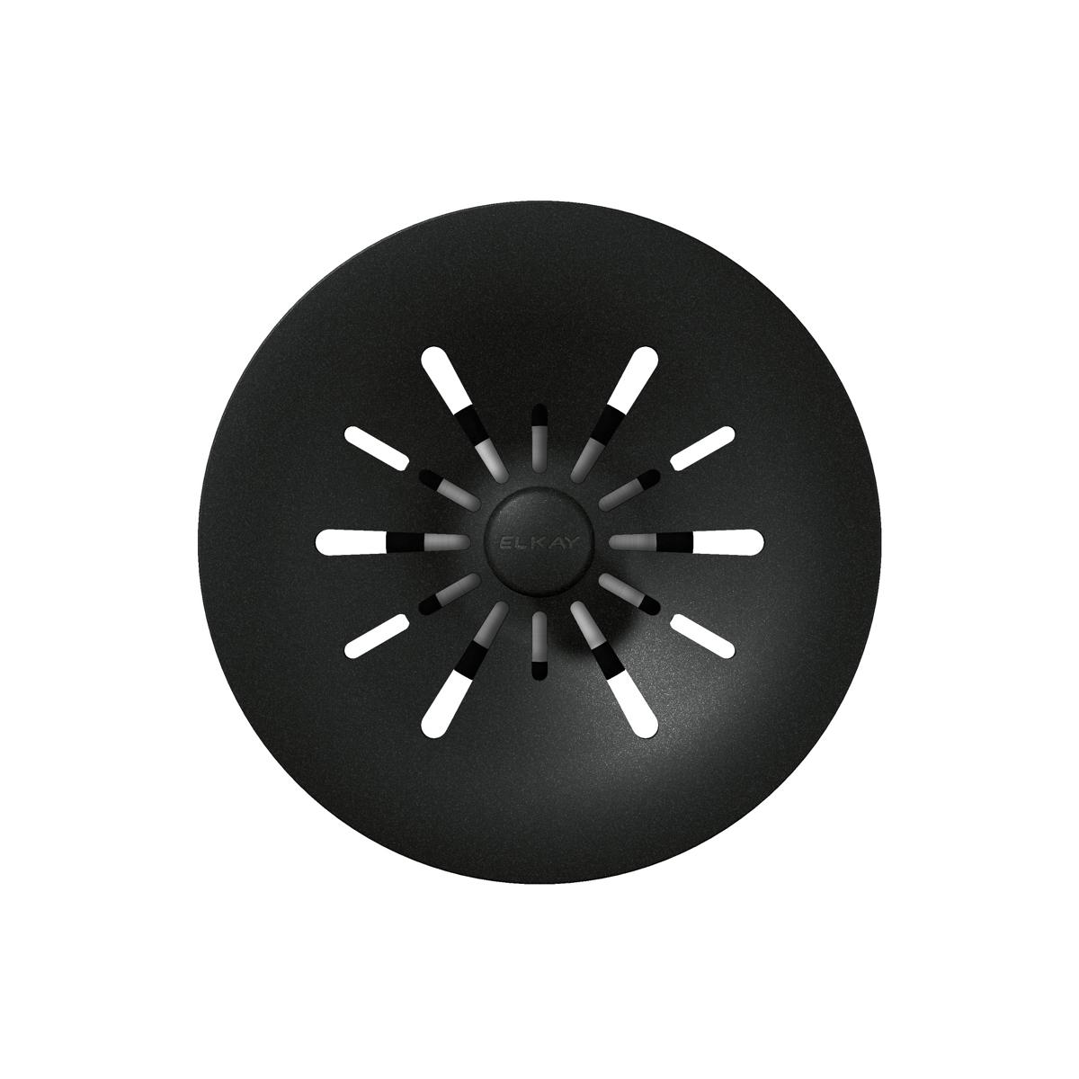 Charcoal polymer basket strainer with radiating slots and center knob for sink drain.