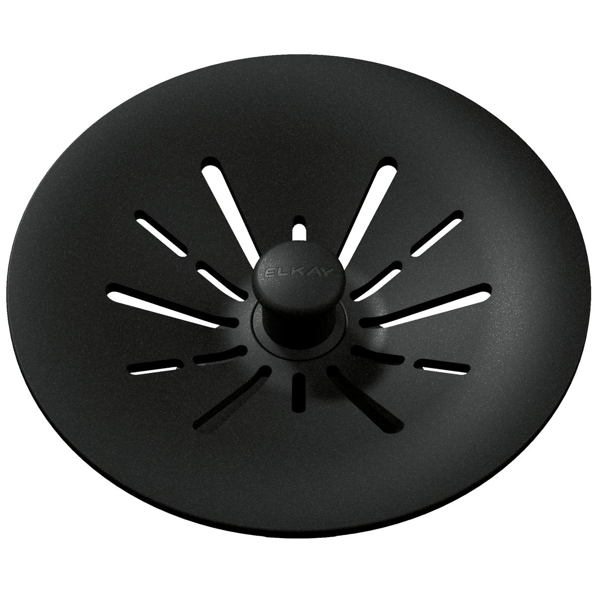 Charcoal polymer basket strainer with radial slots and removable center post for 3-1/2" drain opening.