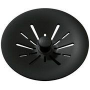 Charcoal polymer basket strainer with radial slots and removable center post for 3-1/2" drain opening.