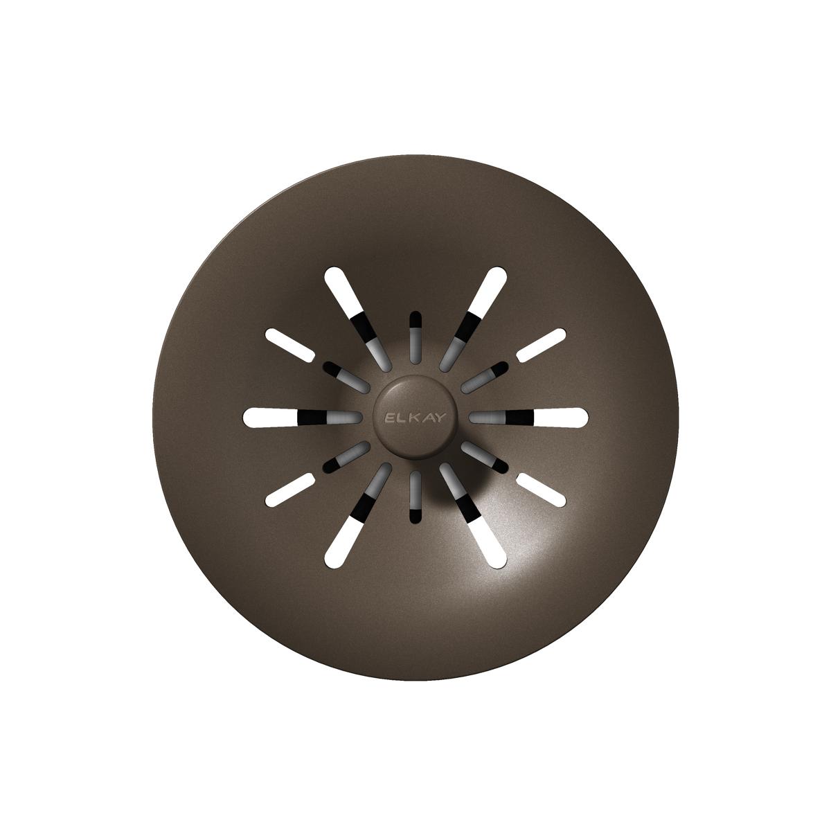 Chestnut-colored polymer basket strainer with radial slots and center hub marked "ELKAY," viewed from above.